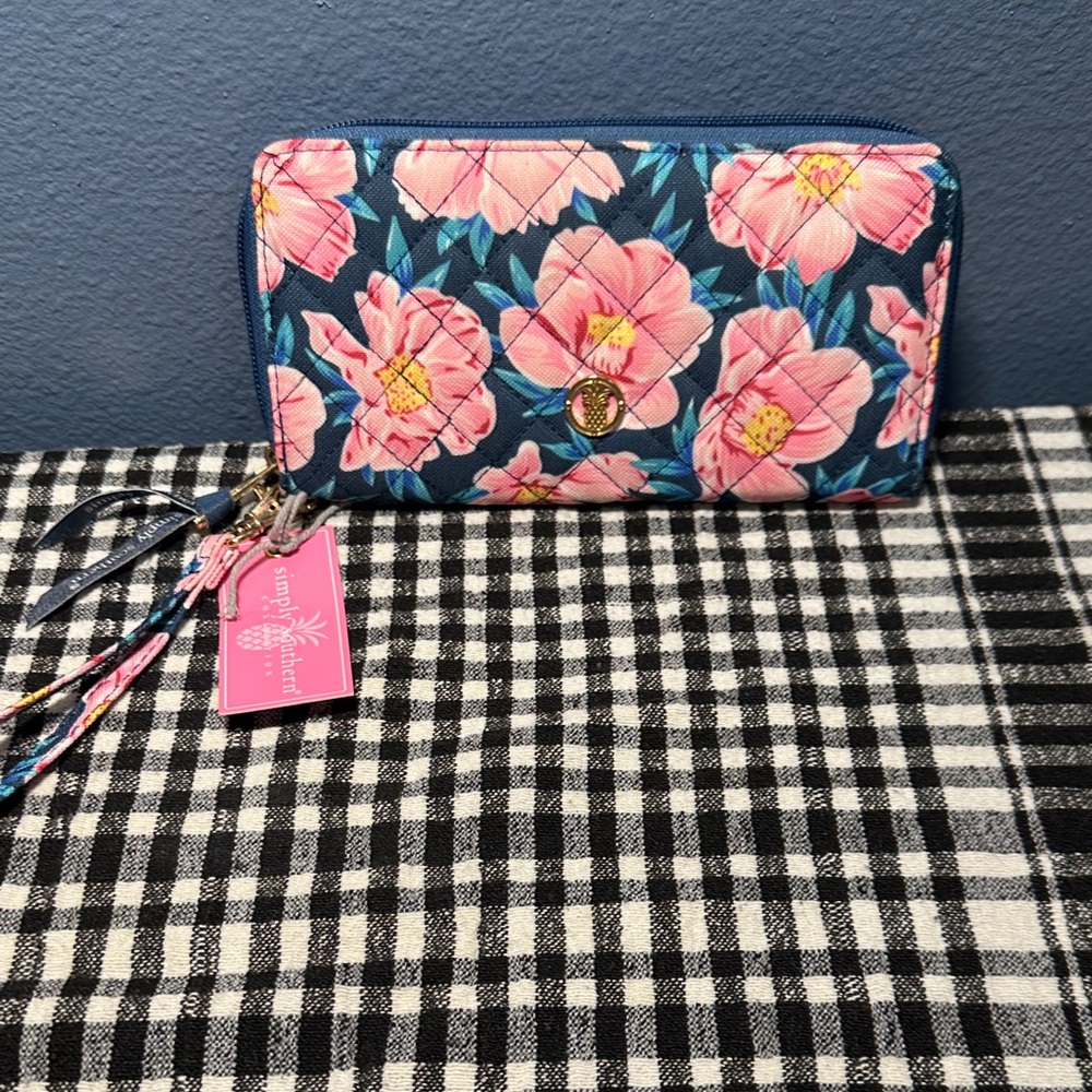Floral Zip-Around Wristlet Wallet - Navy with Pink Flowers